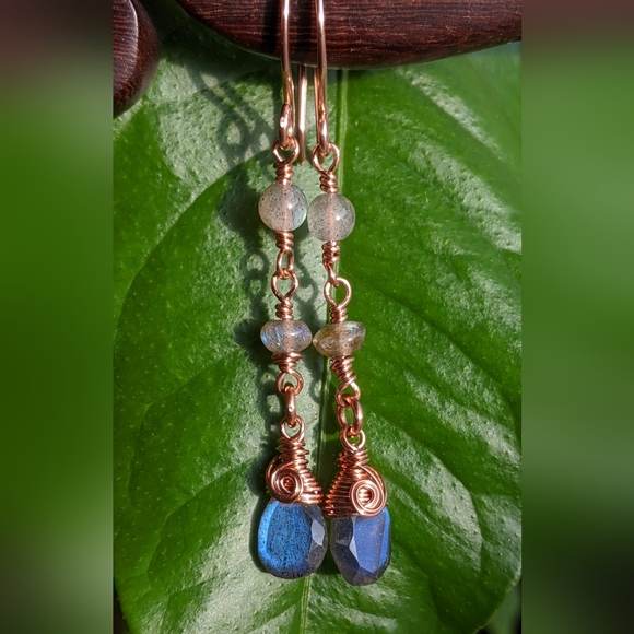 Mystical Labradorite Earrings Dainty Copper Wire Wrapped Design - Picture 12 of 12